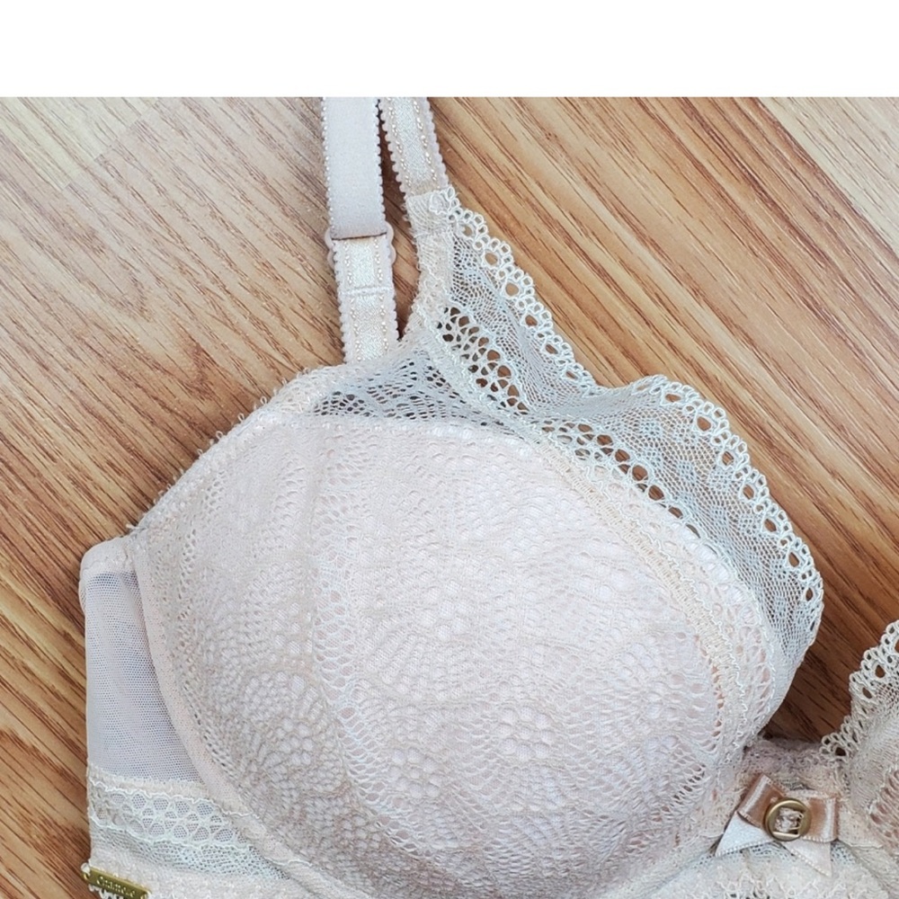NWOT Chantelle 30 DDD festive lace plunge underwire bra nude blush - Picture 5 of 6
